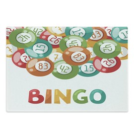 Ambesonne Bingo Cutting Board, Lottery Game Illustration Colorful Balls with Various Number and Bingo Lettering, Decorative Tempered Glass Cutting and Serving Board, Large Size, Multicolor