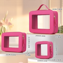 Pinkmik Clear Makeup Bag Waterproof Travel Case for Cosmetics and Toiletries Women's Purse Organizer and Clear Car Bag with Zipper, X/Fuxia, L+M+MINI, Clear Travel Makeup Set