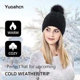 Zsedrut Yuoahcn Women Winter Hat Satin Lined Knit Beanie with Pompom Thick Warm Snow Hats Winter Silk Beanies Caps (Black)