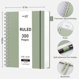 RETTACY Spiral College Ruled Notebook, 300 Pages, A5 Medium Size (14.5 x 21 cm), for School, Work, Journaling, 100 GSM Thick Paper, Flexible Plastic Cover (Light Green)