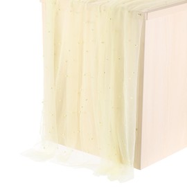 PATIKIL 10Ft Pearl Table Runner, Sheer Tulle Fabric Lace Tablecloth Chiffon Wedding Table Cloth for Bridal Shower Birthday Party Dessert Arch Veil Decor, Light Yellow (63x120inch)