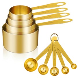GuDoQi Tazas y Cucharas Medidoras, 9 Piezas, Acero Inoxidable de Alta Calidad con Medidas Métricas y US, Taza Medidora de Ingredientes Secos y Líquidos para Hornear y Cocinar (Oro)