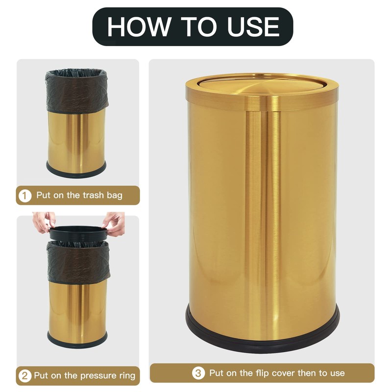 2.4 Gallon Brushed Gold Bathroom Trash Can with Swing Lid,Stainess