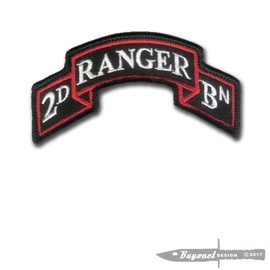 Bayonet Design TM - Modern US 2nd Ranger Battalion Ranger Scroll - 3 7/8" x 2" (Dress RED - Black) Wax Backed - SUA Sponte - Merrowed Edge - US Army Ranger - Airborne Ranger