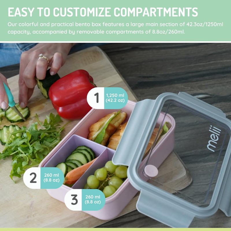 melii Bento Box With Removable Divider, Pink Purple Grey, 42.2