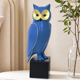 Royal Blue Resin Owl Statue – Mid-Century Modern Owl Sculpture – Retro-Style Abstract Art Home Decor – Freestanding Ornament for Living Room, Bookshelf, or Mantel – 15.7-Inch Resin Owl Sculpture