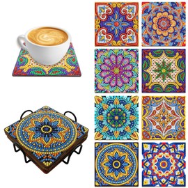 Gvhntk 8 Pcs Square Diamond Painting Coasters with Holder Small Diamond Art Painting Kits 5D DIY Painting Kit Coaster for Adults Beginners Kids Drinks Craft Supplies Home Decor Gift (Square Mandala)