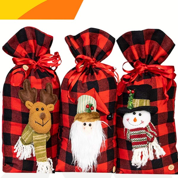 Jolik Santa Sacks Drawstring Bags, Buffalo Plaid 3D Design Christmas Bags for Christmas Party Supplies, 18 x 10 inch