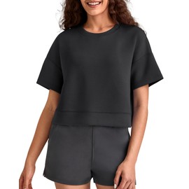 G4Free Boxy Tee Shirts for Women Loose Fit Basic Pullover Tops Short Sleeve Stretchy Lounge Daily Wear Casual (Black,L)