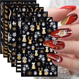 Christmas Nail Stickers Decals Bling Gold Nail Stickers for Nail Art French Nail Art Stickers 3D Snow Nail Decals Winter Snowflake Nail Art Design Christmas DIY Nail Art Decoration for Women 6Pcs