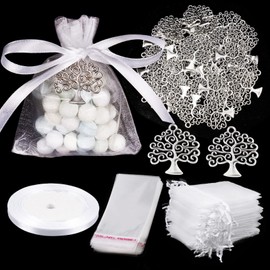 Pack of 50 Tree of Life Pendants with 50 White Organza Bags and 50 Plastic Bags Pendant Decoration for Wedding Birthday Communion Confirmation Christening Party Favours etc.