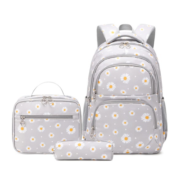 Daisy-Flower Print School Bag Backpack and Lunch Bag Set for Teens Girls Boys Bansusu Bookbag Travel Rucksack