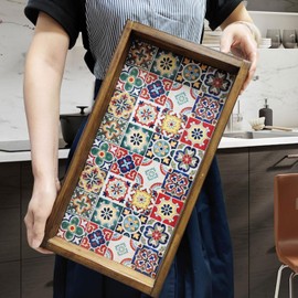 Heimerdinger Hand-Made Wooden Decorative Tray with Moroccan Talavera Pattern Printed Vintage Service Tray, Food Coffee Tray Table Centerpiece