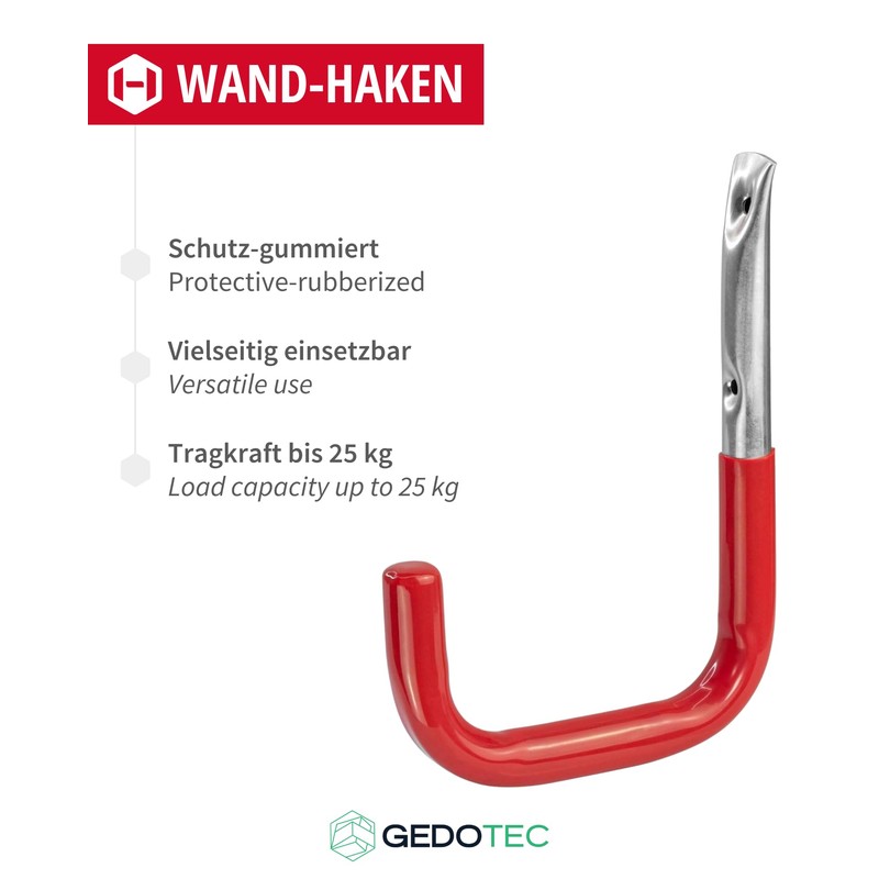 Gedotec Wall Hooks Garage Hooks Workshop Ladder Hook Red Rubberised