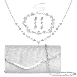 Rbenxia 4 Pieces Silver Jewelry Set Women Evening Rhinestone Jewelry Set Bling Glitter Silver Clutch Purse Necklace Earrings Bracelets for Women Bride Wedding Evening Party