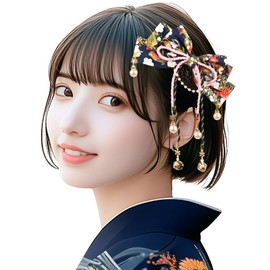 OTAKUMARKET Hair Ornament, Ribbon, Hakama, Graduation Ceremony, Kimono, Yukata, Long Sleeve, Shichi-Go-San Festival, Hair Decoration, Ribbon, Japanese Style, Bell Included, Tsumami Jewelry, Hair Accessory, 1 Piece (Navy Gold Dot)