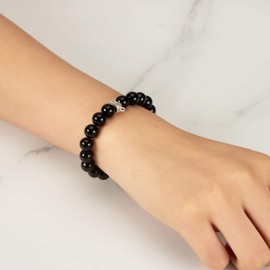 Philip Jones Black Onyx Gemstone Bracelet with Hamsa Hand Charm Created with Zircondia® Crystals