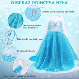 Disfraz Princesa Niña, Vestido de Princesa con Peluca Corona Cetro, Guantes y Accesorios, Disfraz Princesa Infantiles 4 a 5 años para Cumpleaños Fiesta Halloween Cosplay Navidad Carnaval(120)