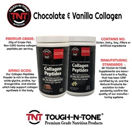 TOUGH-N-TONE Collagen Peptides Powder Vanilla, Provides 20g of Grass-Fed, Non-GMO Bovine Collagen peptides per Serving. No Gluten, Dairy or Soy.