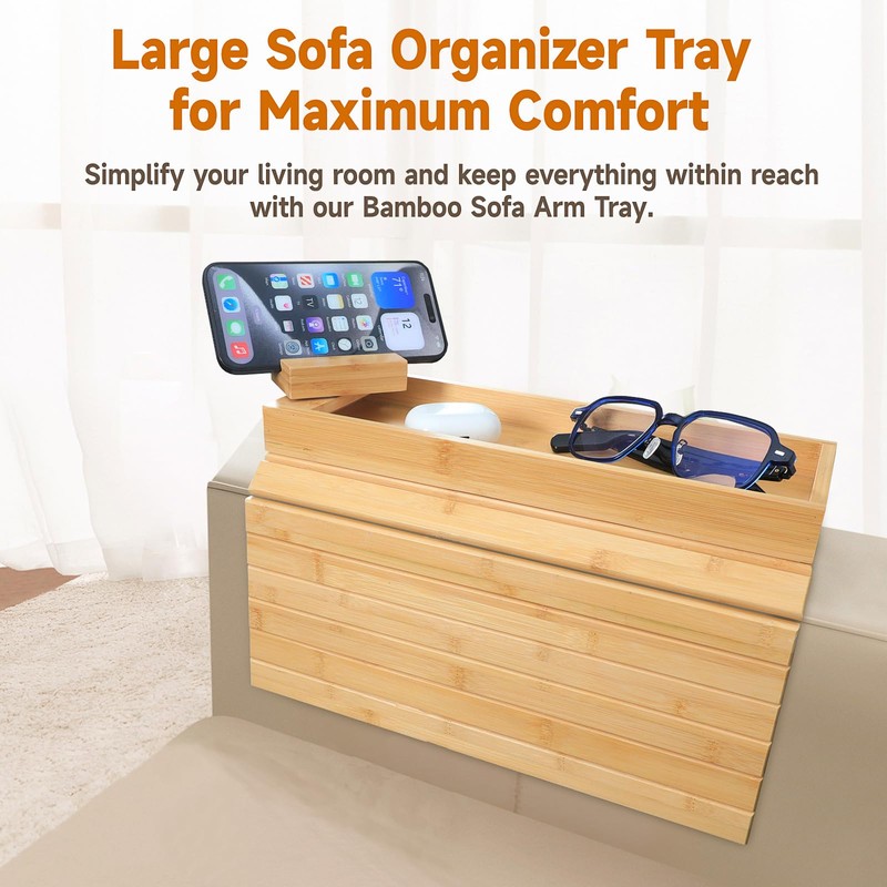 Bamboo Sofa Arm Tray – 2-in-1 Magnetic Detachable Couch Cup
