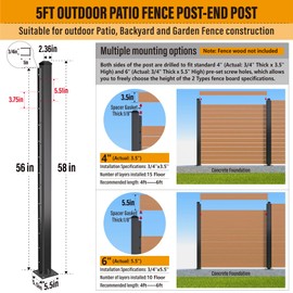 BITALS Q235A-Steel 5ft (H/58in) Heavy Duty Fence Post - End Post, Suitable for Outdoor Patio, Backyard and Garden Fence Post Bracket Construction (2pack-Matte Black)