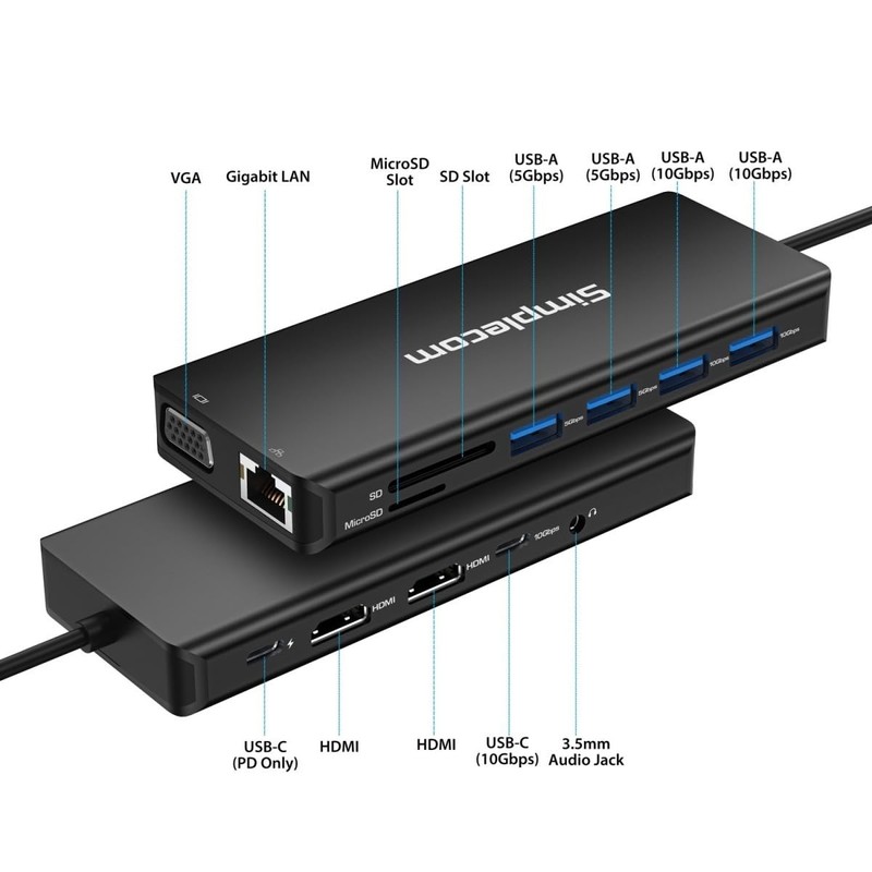 Simplecom CHN613 USB-C 13-in-1 Multiport Docking Station Dual HDMI +