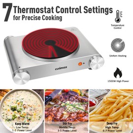 Electric Stove, CUSIMAX Portable Hot Plate for Countertop, Single Cast Iron Burner, 1500 Watts 7-Stage Temperature Control, Suitable for Any Cookware, Easy to Clean