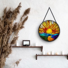 Hiuwevt Sunshine Suncatcher Stained Glass Window Hanging, Sunrise Set Sun Catchers Indoor Window Glass Wall Art Decor, Sunshine Round Wall Hanging Decorations, 7.9x7.9 inch