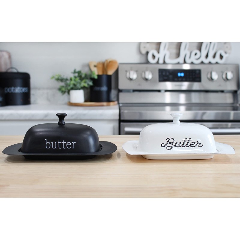 AuldHome Design Large Enamelware Butter Dish (Black); Modern Farmhouse Enamel