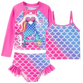 Belovecol Girls Swimsuits 3Pieces Mermaid Swimwears Rash Guard Set Long Sleeve Bathing Suit for Beach 7-8T