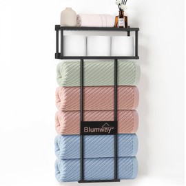 BlumWay Towel Racks for Bathroom, 31IN Bathroom Towel Storage Rack for Rolled Towels, Metal Towel Rack Wall Mounted,Towel Holder with Shelf & Storage Basket,Towel Organizer with Hooks, Black