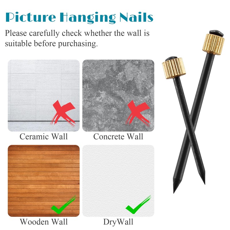 Bonsicoky Picture Hanging Nails, Black Steel Nails and Brass Head