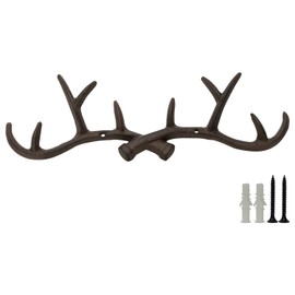 Woodside 10 Hook Cast Iron Wall Mounted Deer Antler Hanging Hooks, Coat Hanger Rack for Jackets, Hats, Keys