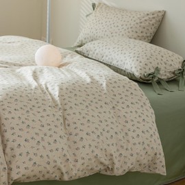 MOTNTD Pink Floral Duvet Cover Full Coquette Bedding Set Full Vintage Aesthetic Flower Cute Girls Duvet Cover Set with 2 Green Bowknot Pillow Shams Soft Cotton Shabby Chic Cream Comforter Cover