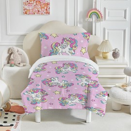 ROZTYLJ Unicorn Cot Bed Duvet Cover Set Unicorn Patterns Toddler Bedding Set For Girls Microfiber Cot Duvet Cover 120x150cm & Pillow Case 40x60cm