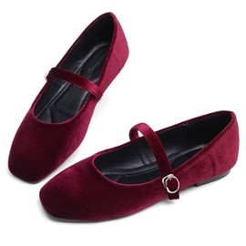Hee grand Velvet Flats for Women Retro Square Toe Mary Jane Shoes Comfortable Buckle Strap Ballet Flats,Red 9
