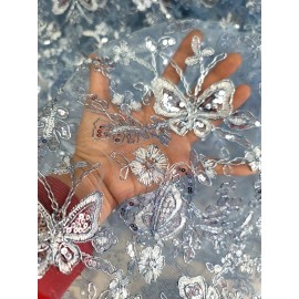 Divastyletextiles Sky Blue Lace Butterflies Sequin on Mesh Fabric Sold by the Yard Gown Quinceañer