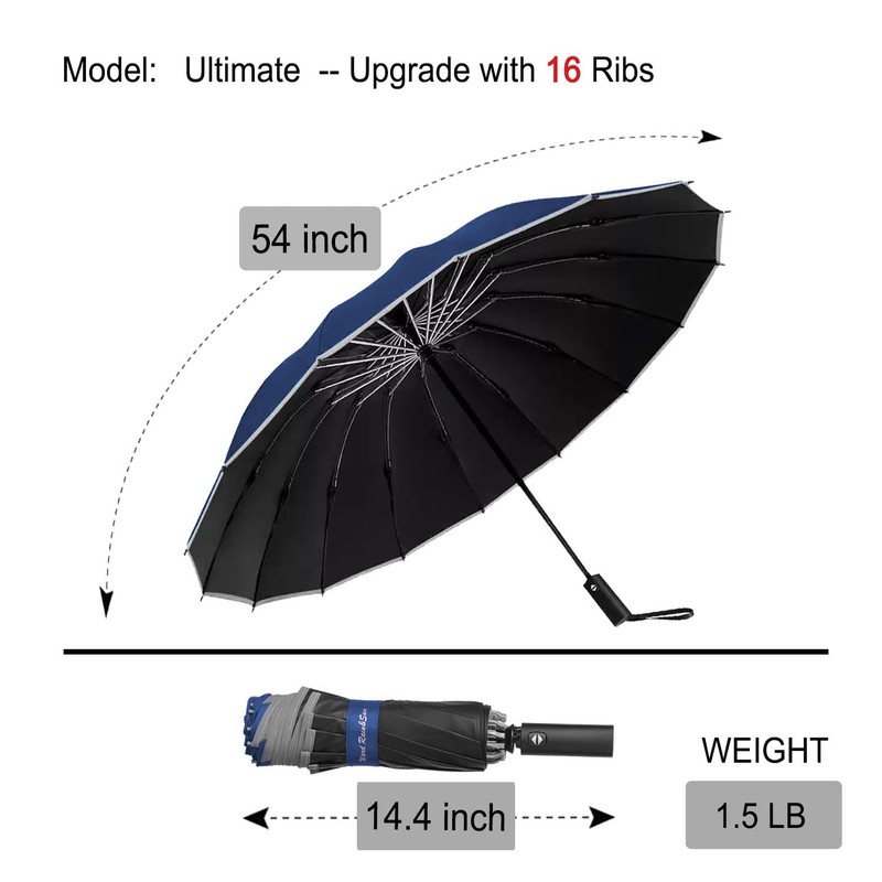 Ultimate Windproof Inverted Travel Umbrella 16 Rib with Reflective Edges,