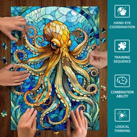 Hopgo 500 Piece Puzzle for Adults, Colorful Stained Glass Octopus Jigsaw Puzzles for Family Game Puzzles Lover 20"x14.2"