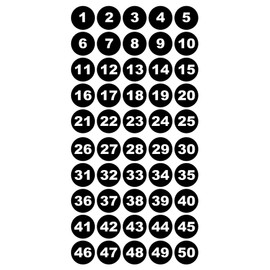 Round Number Stickers 1-50 Vinyl 30 mm White Numbers on Black