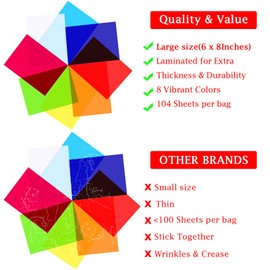 Outus 104 Pcs Cello Sheets Cellophane Colored Cellophane Sheets Translucent Plastic Wraps for DIY Crafts Project,Lights,Art,Window Decoration (6 x 8 Inch)