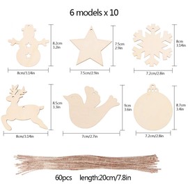 60 Pcs Christmas Tree Wooden Ornaments Hanging Bauble DIY Wood Chip Pendant with 60 Pcs Rope, Snowflake Bell Reindeer Crafts Embellishments for Xmas Decoration Wedding Party Decor, 6 Style