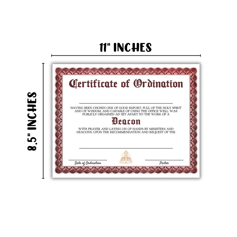 Deacon Certificate of Ordination License 6pk Linen Paper 8.5x11” New