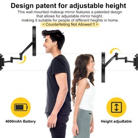 9" Wall Mounted Lighted Makeup Mirror,4000mAh Rechargeable Double Sided 1X/10X Magnifying Mirror with Light,3 Color Lights,Touch Dimmable,Extended Arm 360 Rotation Wall Mounted Makeup Mirror