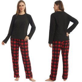 YUSHOW Winter Pyjamas Womens Pyjamas Set Ultra Soft Microfleece Long Sleeve Top & Fleece Checked PJs Bottoms Pyjamas for Women Lounge Wear Sets 2 Pieces