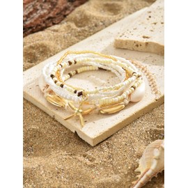 Hremhoo Shell Starfish Anklets Bracelet for Women Colorful Beaded Puka Shell Anklet Hawaiian Beach Seashell Starfish Conch Foot Jewelry Mermaid Jewelry for Women (white)