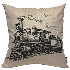 Mugod Train Decorative Pillow Case Steam Locomotive Transport Railroad Railway Trip Vintage Throw Pillow Cover Home Decor Cotton Linen Square Cushion Cover for Couch Bed Sofa 18X18 Inch