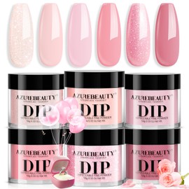 AZUREBEAUTY Pink Dip Powder Nail Set, All Season 6 Colors Nude Pink Glitter Cherry Blossom Shades Dipping Powder Nail Starter Kit French Art Manicure DIY Gifts for Women, No Need Nail Lamp Cured