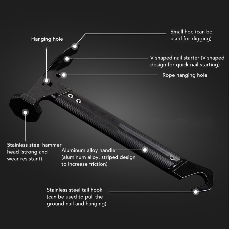 Camping Hammer Stainless Steel Head Multifunction Lightweight Ground Nail Hammer