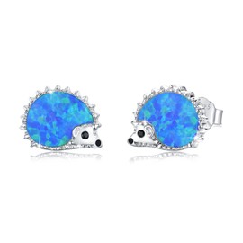 Hedgehog Earrings Sterling Sliver Opal Hedgehog Earrings Stud Hypoallergenic Tiny Cute Animal Stud Hedgehog Gift for Women with Gift Box (Blue)